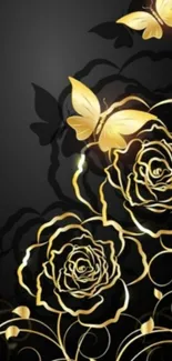 Elegant gold roses and butterflies on black background wallpaper.