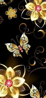 Elegant gold and black wallpaper with flowers and butterflies.