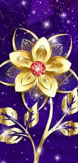 Golden flower on vibrant purple background mobile wallpaper.