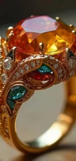 Gold ring with large gemstone and diamonds.