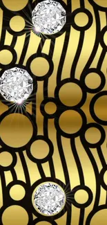 Luxurious gold wallpaper with black geometric patterns and diamond details.