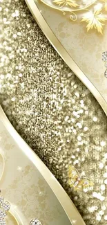 Elegant gold glitter phone wallpaper with floral accents.