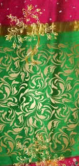 Mobile wallpaper with gold and green floral patterns.