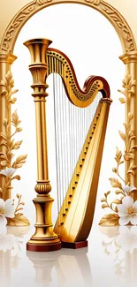 Elegant gold harp with floral accents in an ornate design.