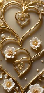 Gold heart design with flowers mobile wallpaper.