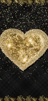 Gold heart on black background with ornate border.