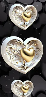 3D gold heart design on a black background - mobile wallpaper.