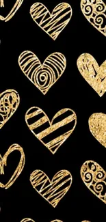 Elegant gold heart pattern on black background wallpaper.