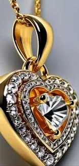 Gold heart pendant with gemstones on chain.