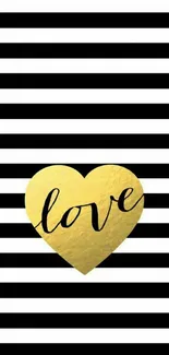 Gold heart on black and white striped background with 'love' text.