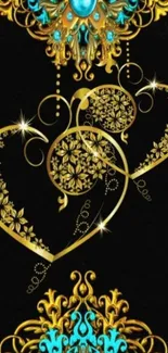 Ornate gold and teal heart design wallpaper.