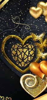 Elegant gold heart wallpaper with butterflies.