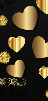 Elegant mobile wallpaper with gold hearts on a black background.