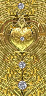 Luxurious gold heart wallpaper with intricate patterns and jewels.