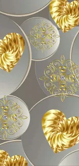 Elegant wallpaper with golden hearts and patterns.