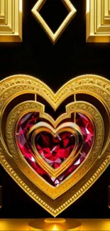 Luxury gold heart wallpaper with red jewel center.