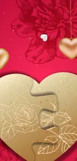 Golden heart with floral design on red background