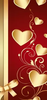 Elegant gold hearts with swirls on a red wallpaper background.