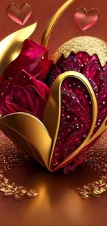 Luxurious gold heart mobile wallpaper design.