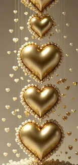Elegant gold heart wallpaper with pearls.