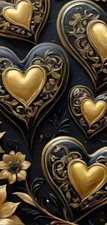 Elegant wallpaper with gold hearts and floral design.