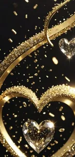 Gold sparkling hearts wallpaper with glitter.