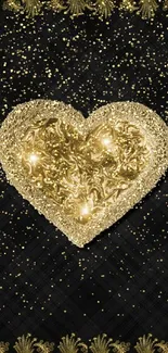 Elegant gold heart with dark patterned background.