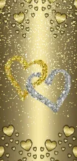 Gold and silver hearts intertwined on a luxurious background.