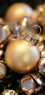 Elegant gold Christmas ornaments and bells wallpaper.