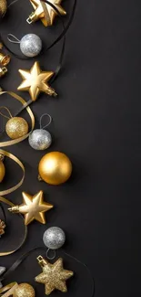 Elegant gold holiday ornaments on black background wallpaper.