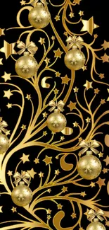 Elegant gold holiday wallpaper with ornamental tree design.