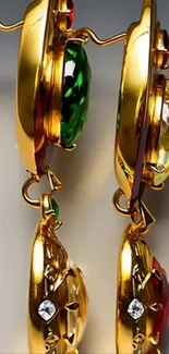 Close-up of elegant gold jewelry with vibrant colors.
