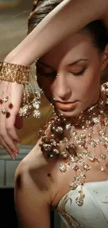 Elegant woman adorned in gold jewelry