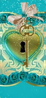 Gold key and heart lock on turquoise floral background.