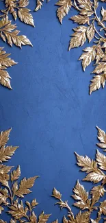 Elegant gold leaves on rich blue mobile wallpaper.