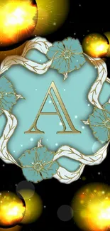 Gold letter 'A' with blue floral design and glowing orbs on dark background.