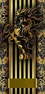 Gold lion wallpaper with floral designs and stripes in luxury style.