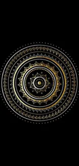 Intricate gold mandala on black background for mobile wallpaper.