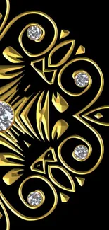 Elegant gold mandala with sparkling gemstones on black background.