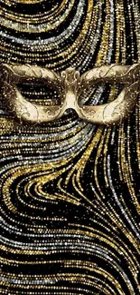 Elegant gold mask on black with swirling gold accents.