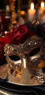 Luxurious gold mask with roses on a festive table setting.