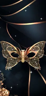 Elegant mobile wallpaper with a gold masquerade mask on a dark background.