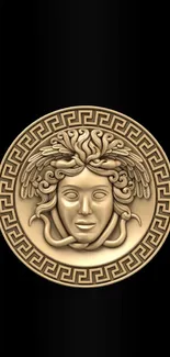 Gold Medusa emblem on black background wallpaper for mobile.