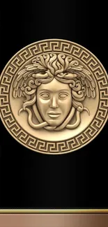 Gold Medusa design on a black background mobile wallpaper.