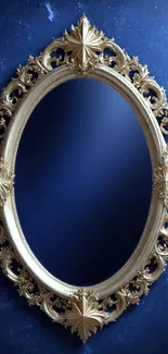 Ornate mirror on textured blue background wallpaper.