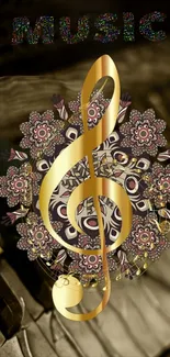 Golden treble clef on ornate background music wallpaper.