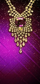 Golden necklace with purple gem on vibrant purple background.