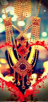 Luxurious gold necklace with heart and bokeh background.