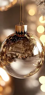 Elegant gold ornament with bokeh lights.