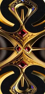 Intricate gold and red ornamental design wallpaper.